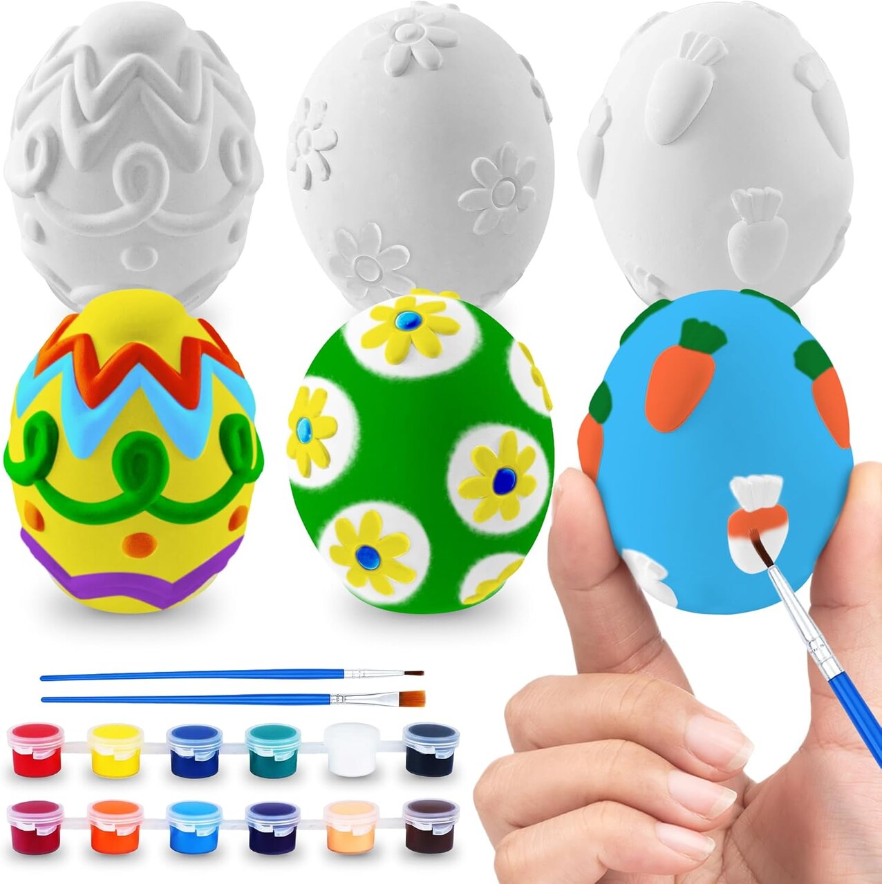 3D Easter Egg Painting Kit – DIY Ceramic Plaster Craft Set with Paints & Brushes for Kids & Adults, Easter Basket Stuffers & Spring Gifts